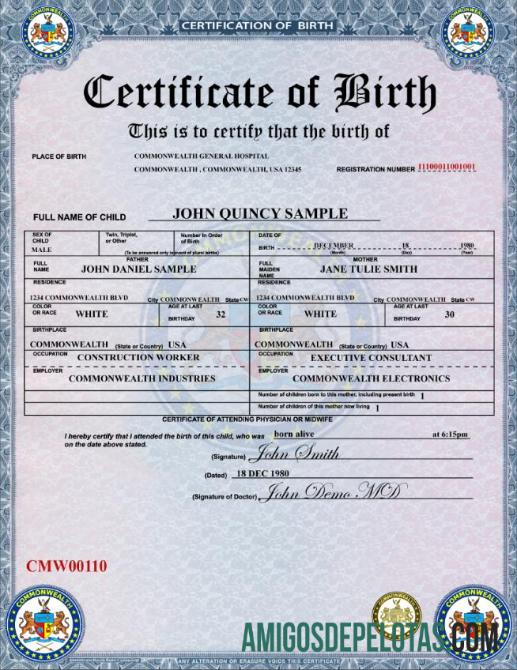 Certidão de nascimento do Commonwealth General Hospital dos Estados Unidos baixar para verificação